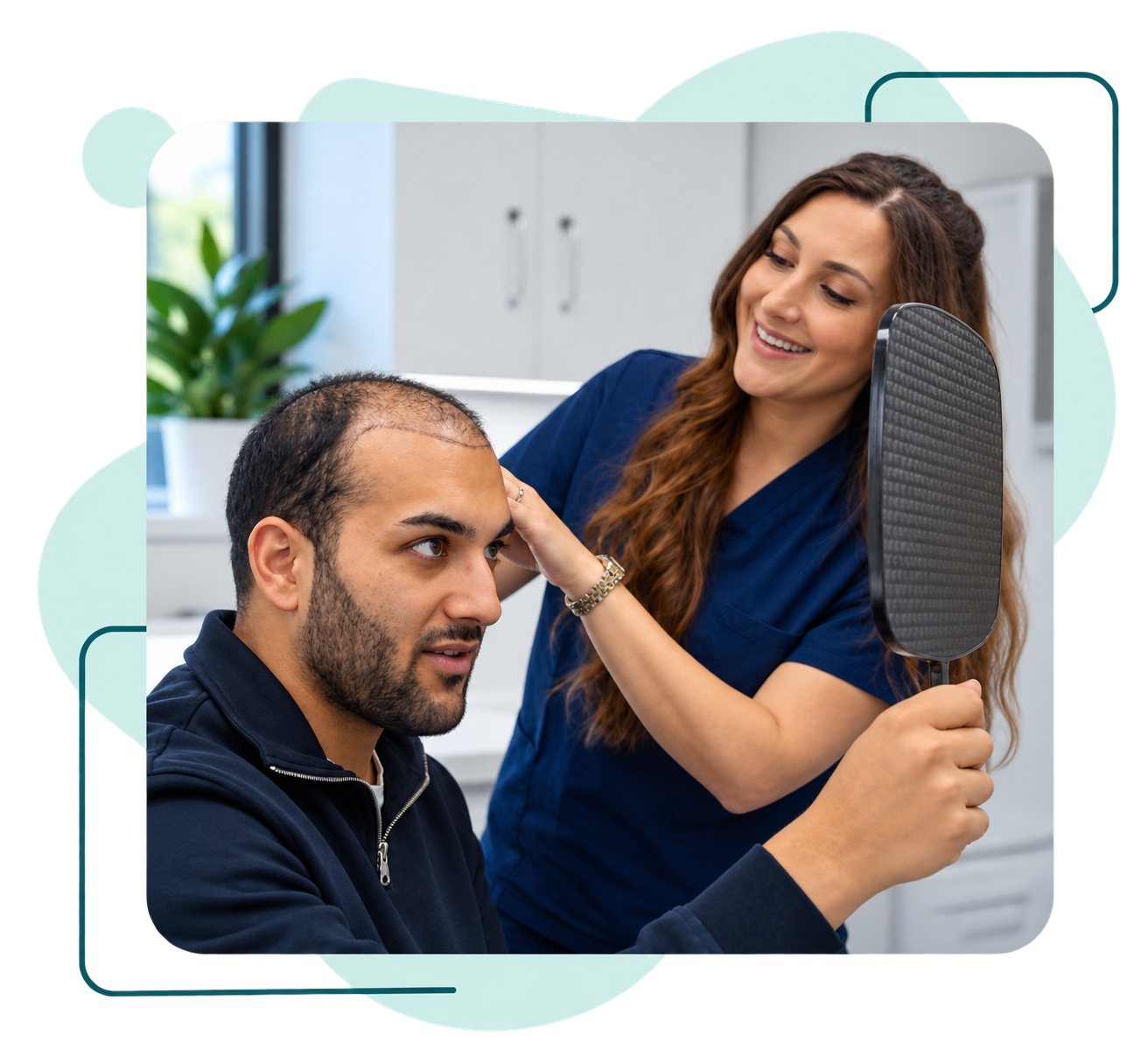 A surgeon assessing a patient's hair during a consultation at Geneve Clinic