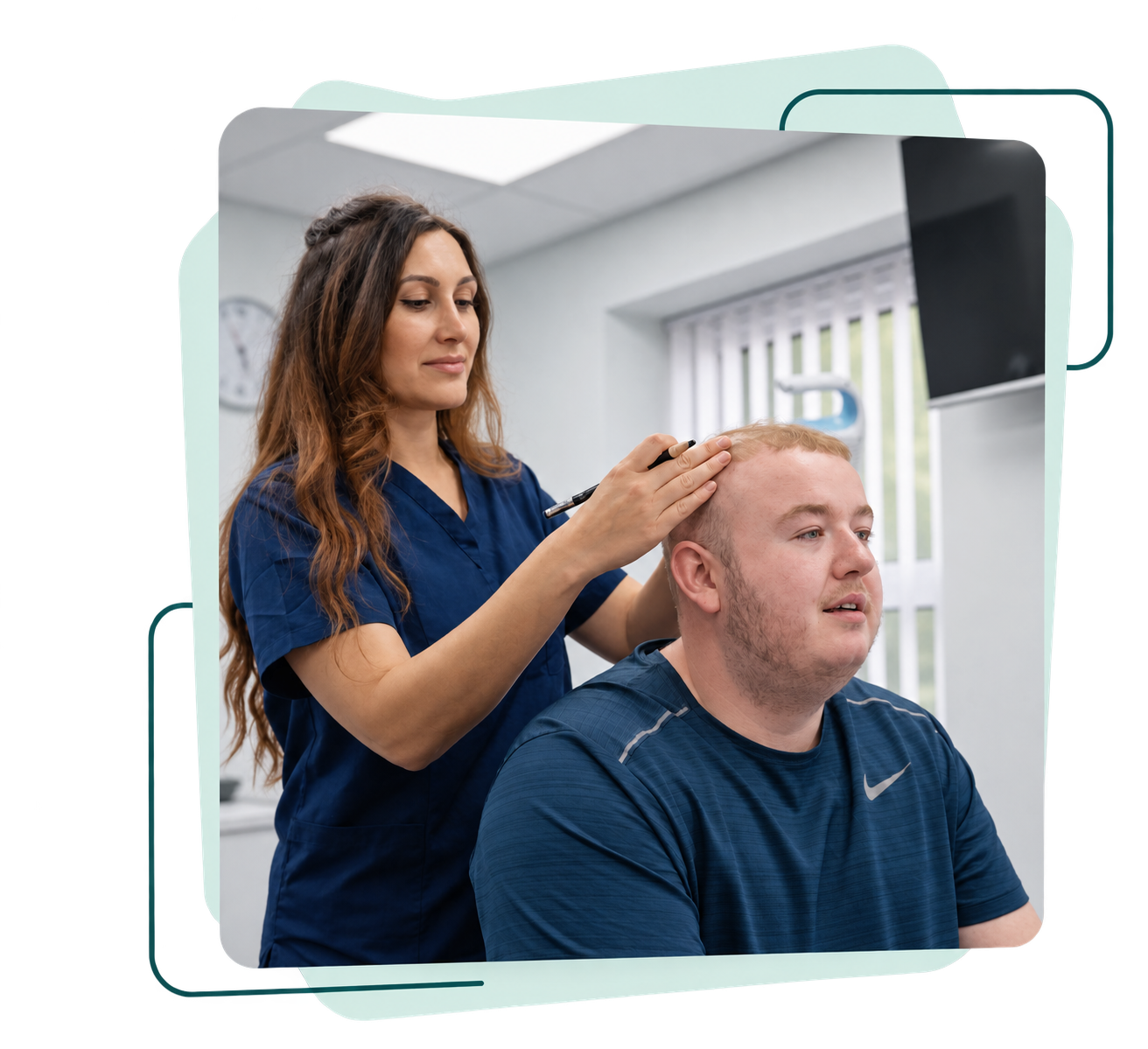 A surgeon reviewing hair restoration results with a patient during a consultation at Geneve Clinic